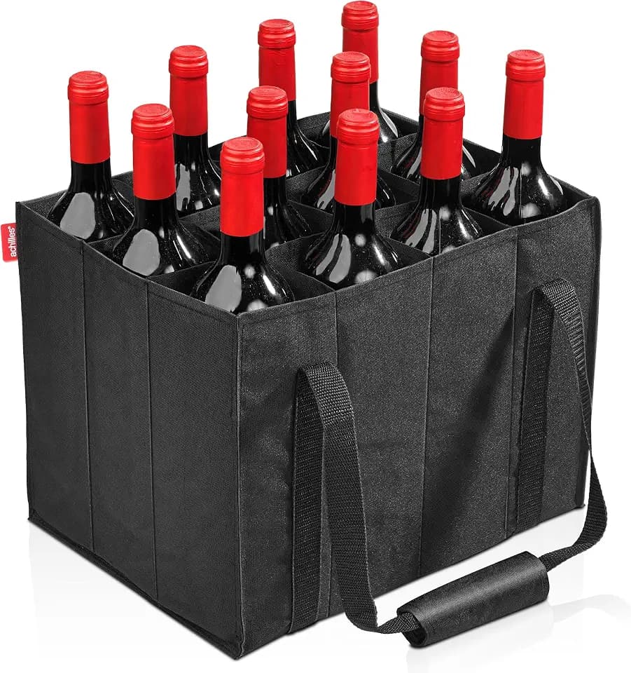 achilles Flaschentasche 12 Fächer je 1,5 Liter – Reißfester Flaschenkorb mit Klettband – Faltbarer Flaschenträger mit Trennwänden – Flaschen Einkaufstasche für Wasserflaschen, Wein und Bier – Schwarz