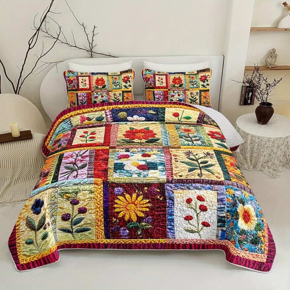 Colorful Floral Patchwork Quilt Set Queen Size for Teens Adult Bedroom Decor,Floral Lightweight Bedspread Sets Queen Bedding,Bohemian Bed Cover Soft for Boys and Girls Room Decor
