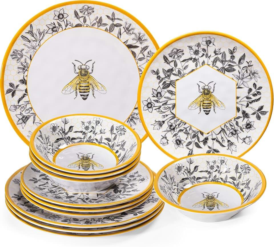 LEHAHA Honeycomb Bee Sweet 12-Piece Melamine Dinnerware Set, Floral Design