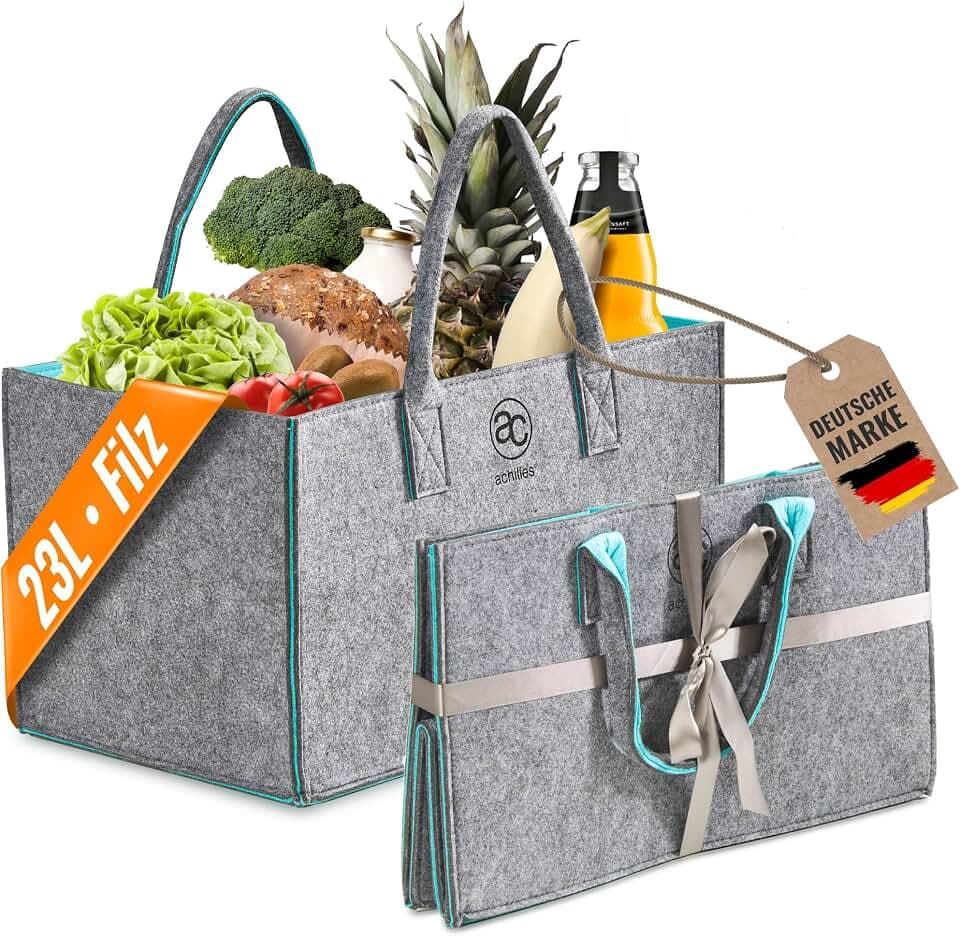 achilles Filzkorb - stylische Filz-Tasche - praktische Einkaufs-Tasche aus Filz - Transport-Box mit Faltfunktion - (Grau/Türkis)