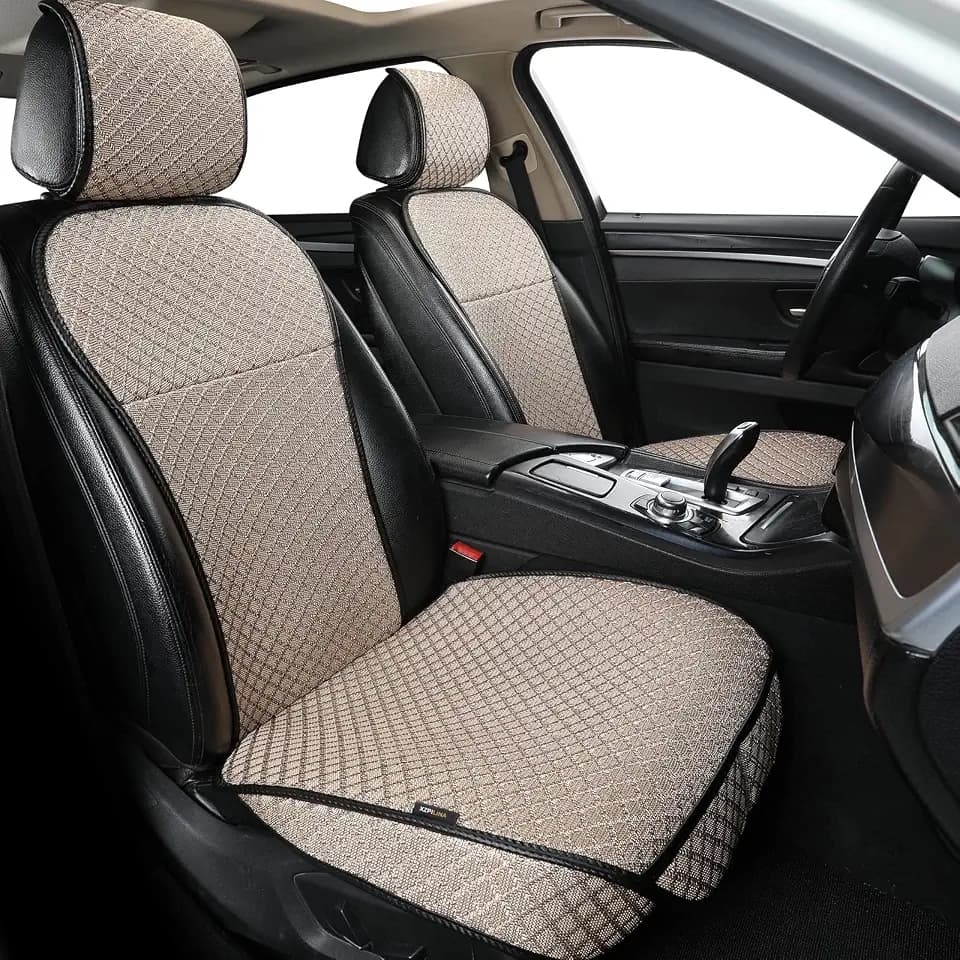 Breathable Car Seat Cover,Luxury Front Seat Cover,Durable and Non Slip,Polyester Silk Material, Universal Car Seat Cushion,Suitable for All Seasons,Airbag Compatible(Beige，2PCS)