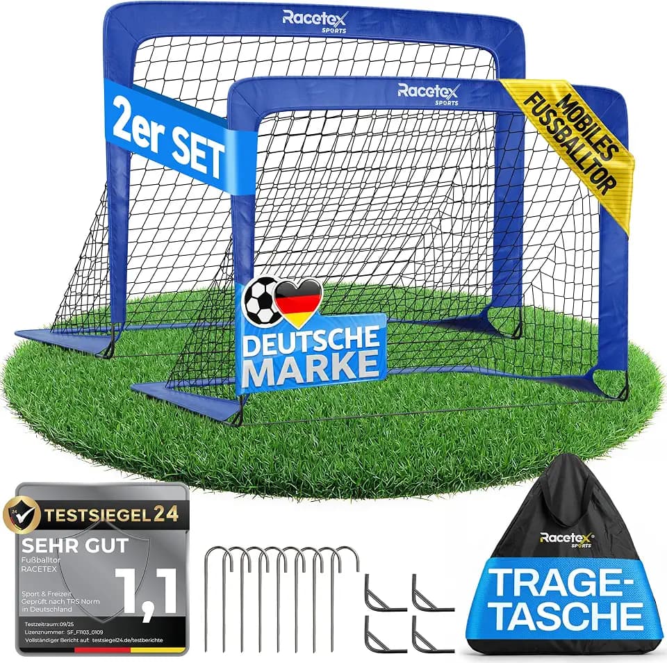 Racetex 2er Fußballtor Kinder Set - Fußball Tore inkl. nützlicher Tasche zum Transportieren - Version mit verstärkten Glasfaserstangen - Fussballtore für den Garten oder Park