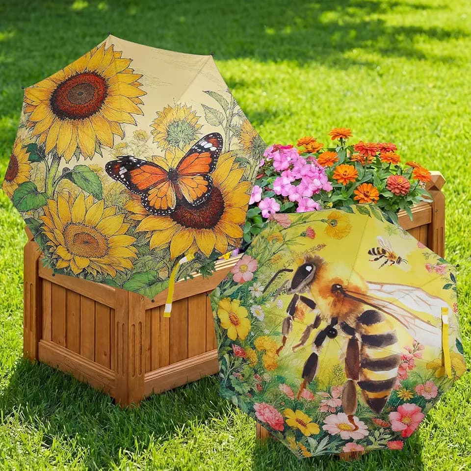 Hsei Adjustable 2 Pack 23.6" Plant Shade Umbrella for Outdoor Garden Outdoor Patio Umbrella Garden Umbrellas with Flower Bee Butterfly Housewarming Ornament for Patio Lawn Yard Pathway, 42.7" Height