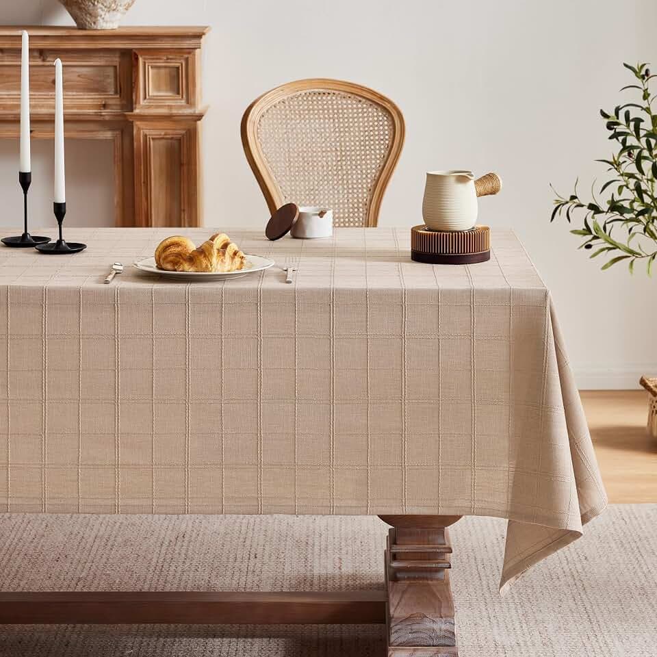 ZeeMart Linen Checked 8 Foot Rectangle Table Cloth 60x120in Taupe