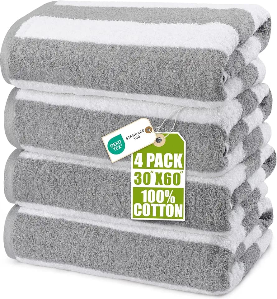 Utopia Towels Cabana Beach Towels, 4 Pack, 30x60 in, Cotton, Striped, Grey