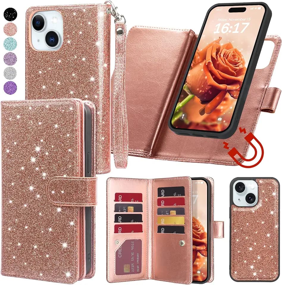 Varikke for iPhone 15 Plus Case Wallet Magnetic Detachable Bling, Rose Gold