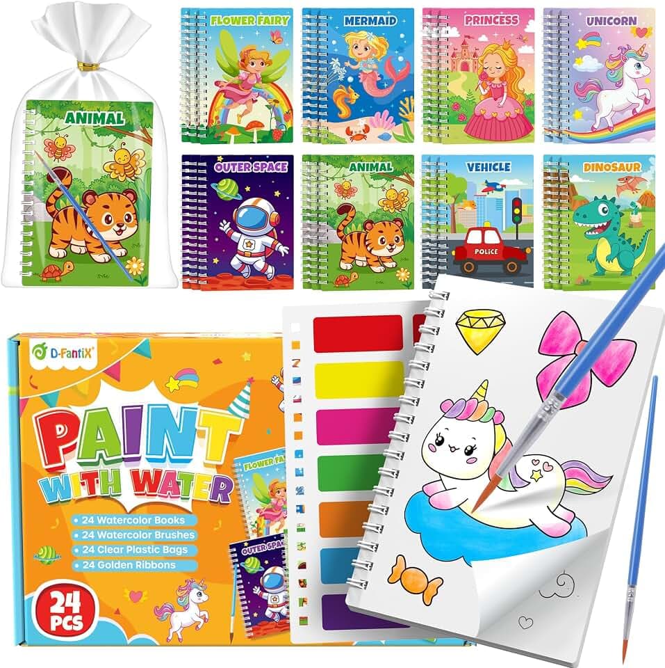 D-FantiX 24 Kleine Malbücher mit Wasserfarben für Kinder ab 3-8 Jahren