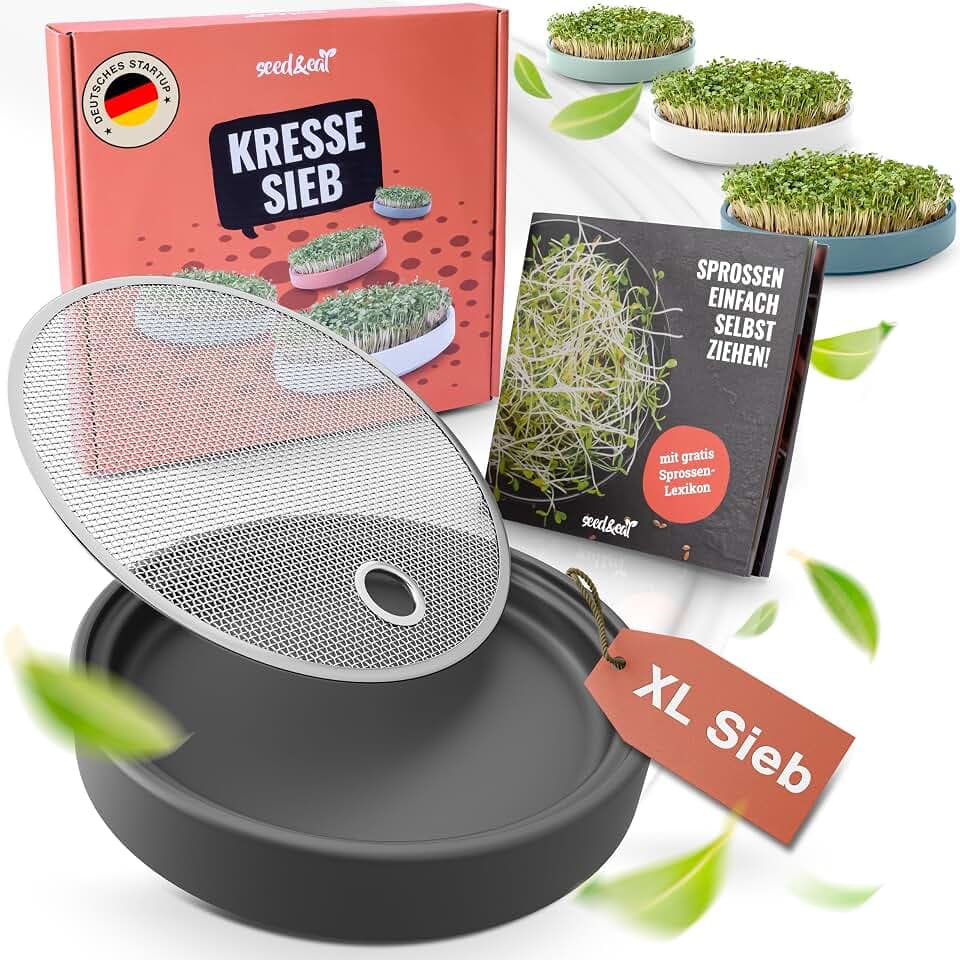 Kressesieb (16cm), Anzuchtschale für Kresse & Microgreens, mit Sprossenheft, Keramikschale + Edelstahlsieb