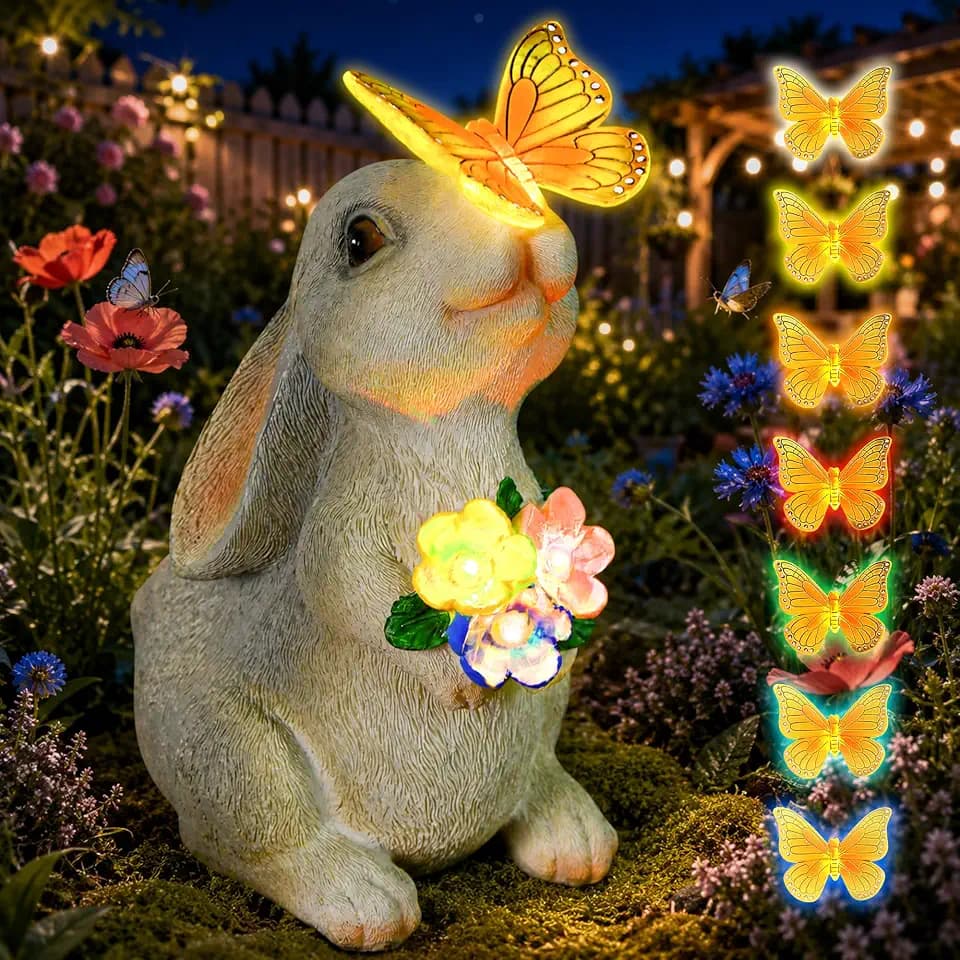 Garden Bunny Statue Outdoor Decor for Halloween, Rabbit Figurines with Solar Butterfly Changing Color LED Lights, Bunny Ornament for Patio Backyard Lawn, Birthday Gift for Women Mom Grandma