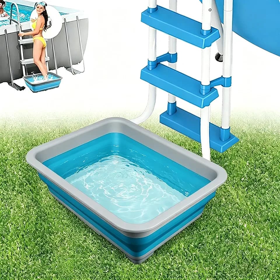 Pool Foot Bath Tray for Swimming Pool, Non- Slip Collapsible Foot Bath for Pool, Portable Foot Tub for Pool for Above Ground Pool Accessories, Rinse Feet Keep Clean (Blue + White)