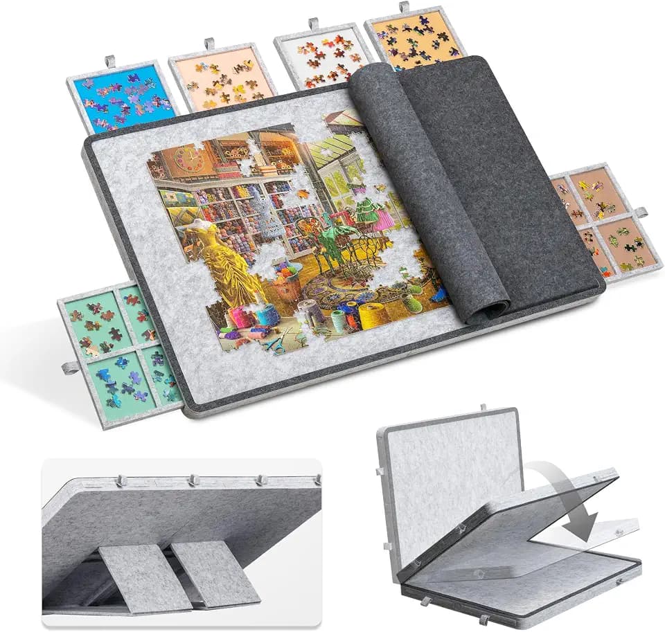 1500-teiliges kippbares Puzzlebrett mit 6 bunten Schubladen und Abdeckung, klappbarer Puzzletisch mit 3-Fach Verstellbarer integrierter Staffelei/Ständer, leichtes Spielbrett für Erwachsene