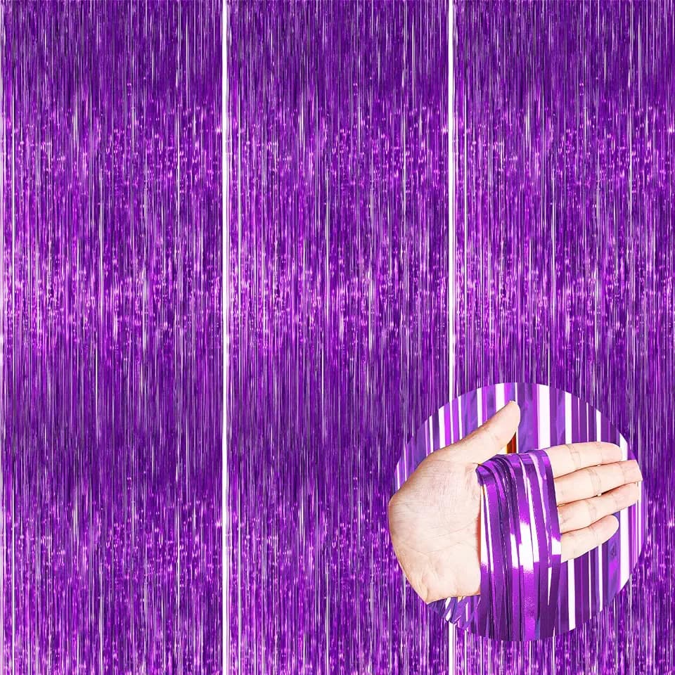 PartyWoo Purple Metallic Tinsel Streamers 8.2FT 3pcs Foil Fringe Curtain