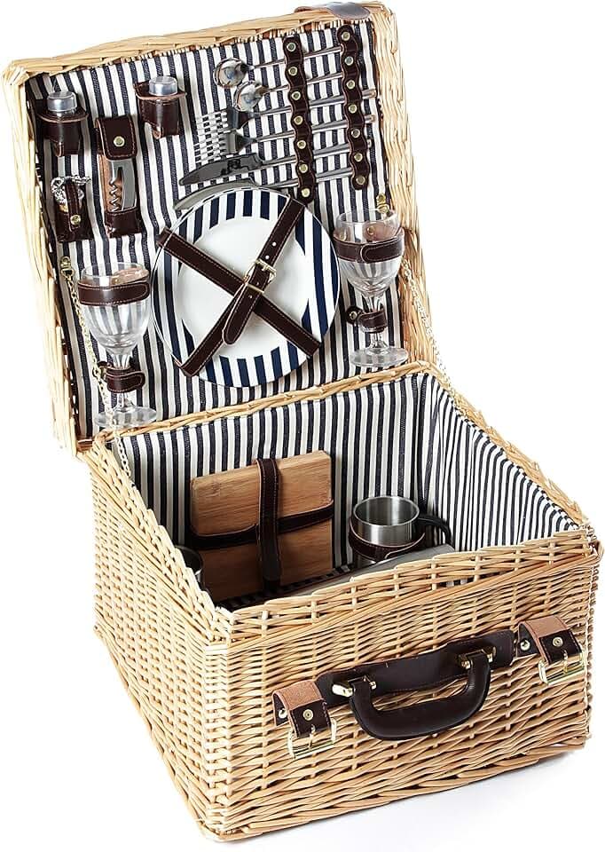 Greenfield Collection (GG033) Deluxe Clarendon Picknickkorb für 2 Personen, Weide, Futter in Mitternachtsblau-Weiß gestreift
