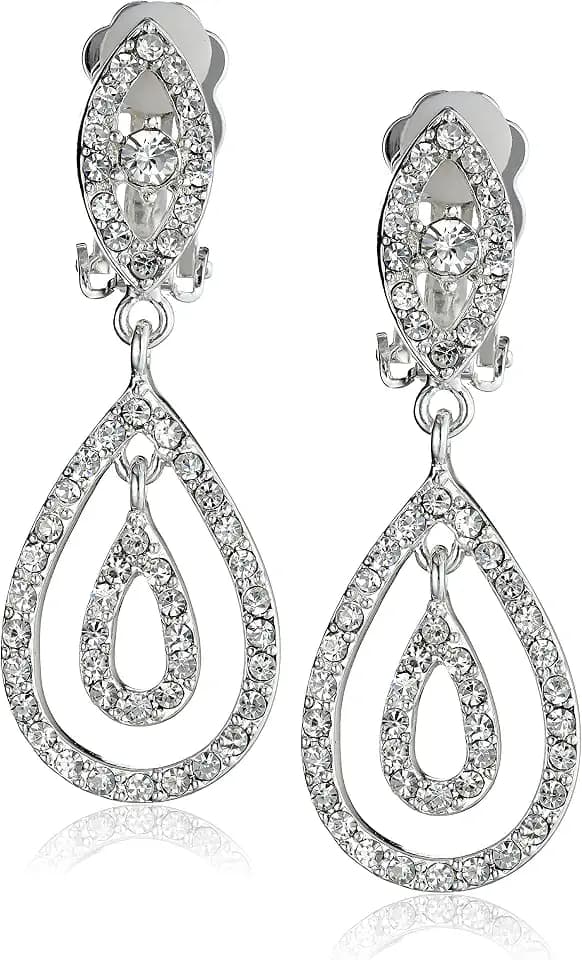 Silver Crystal Rhinestone Two Layer Teardrop Pear Shaped Dangle Clip Earrings Tipped with Eye Shape