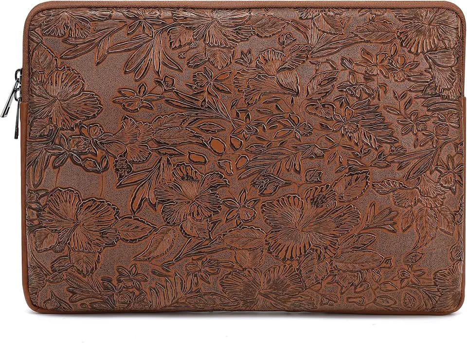 Embossing Floral Pattern PU Leather Laptop Sleeve Case with Pocket for MacBook Pro 14 inch and 14 inch-14.4 inch HP, Lenovo, Dell, ASUS, Acer Notebook Computer (Coffee)
