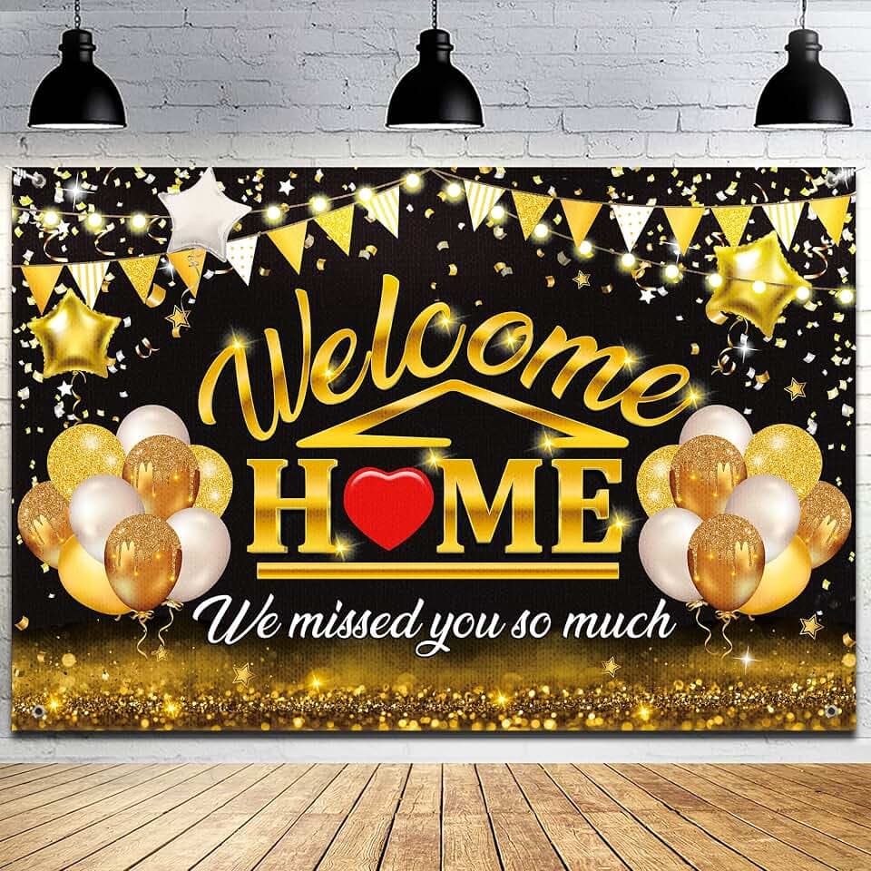 Welcome Back Backdrop Banner Home Decorations Black Gold Homecoming Welcome Party Decor We Missed You So Much,Background for Family Party Military Homecoming Returning Party Supplies.