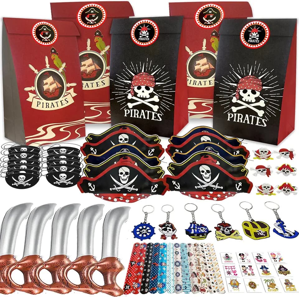 Piraten-Partytüten, 96 Stück Piraten-Partygeschenke, Piraten-Party-Dekorationen, Taschenfüller, Piratenzubehör, Piraten-Partyzubehör, Schlüsselanhänger, Hut-Slap-Bänder, Ringe, Piraten-Schatzsuche,