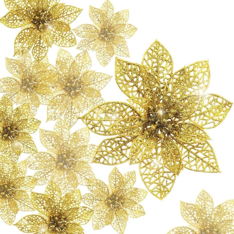 KAHEIGN 30Pcs Weihnachten Blumen Glitzer Künstliche Weihnachtsblumen, 7,5/10 / 15 cm Weihnachtsbaum Ornament Weihnachten Blumen Dekor Ornament (Gold)