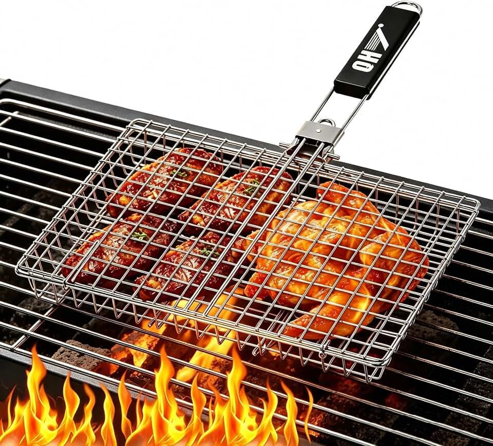 Portable BBQ Grill Basket, 12.6x8.8x 1.34 Inch, Stainless Steel Folding Portable Outdoor Camping Rack for Fish, Shrimp, Vegetables, Cooking Accessories, Gifts for Dad, husband, Friends （Includes Carry Bag）