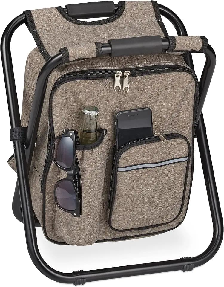Relaxdays Campinghocker mit Tasche, klappbar, tragbar, leicht & stabil, HBT: 42x35x29 cm, Sitzrucksack, Polyester, beige