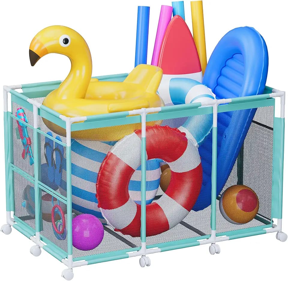 POOLHOUR Pool Float Storage – Outdoor Toy Organizer Mesh Rolling Bin, Cyan