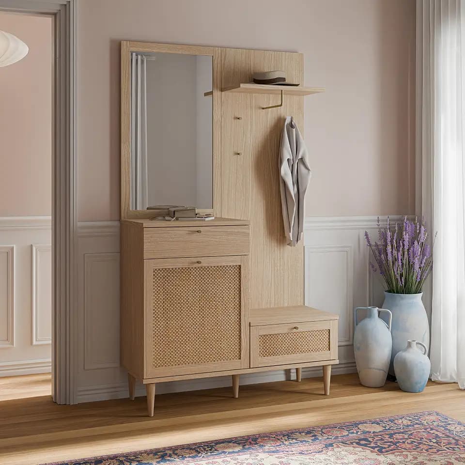 Forte CALASETTA Garderobe 120, 2 Schubladen, 1 Tür, mit Spiegel, Kleiderstange und Ablageflächen, Holzwerkstoff, Elegancia Eiche Holzdekor | Technorattan, 115,1 cm breit x 198 cm hoch x 41,4 cm tief