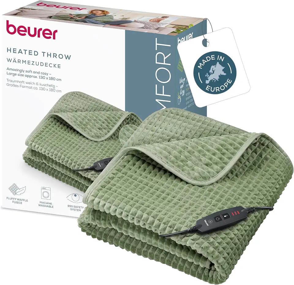 Beurer Heizdecke Waffle Sage Green, leichte Wärmedecke Made in Europe