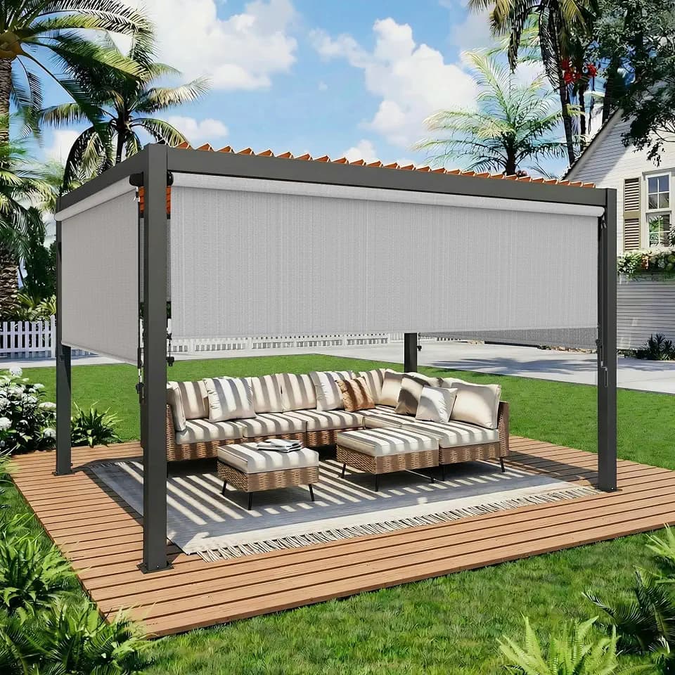 Outdoor Roller Shade, 420GSM New Material Patio Shade with 95% UV Protection, Cordless Aluminum Waterproof Blinds with Crank Handle, Sun Shades Outdoor Patio with Privacy Protection, 8'W X 8'H Gray