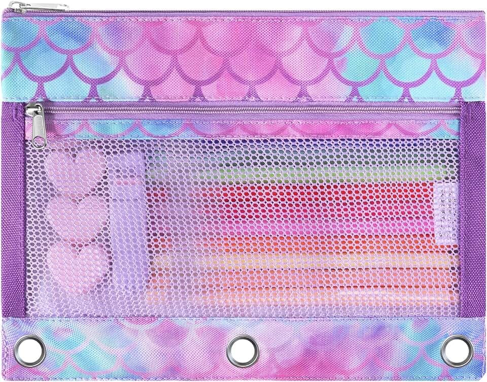WAWSAM Mermaid Pencil Pouch for 3 Ring Binder, Zipper Pencil Pouch for Girl