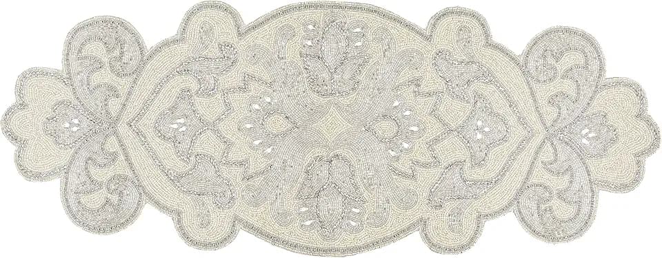 Hand Beaded Silver Ivory Glitz Runner 13x36 Wedding Décor