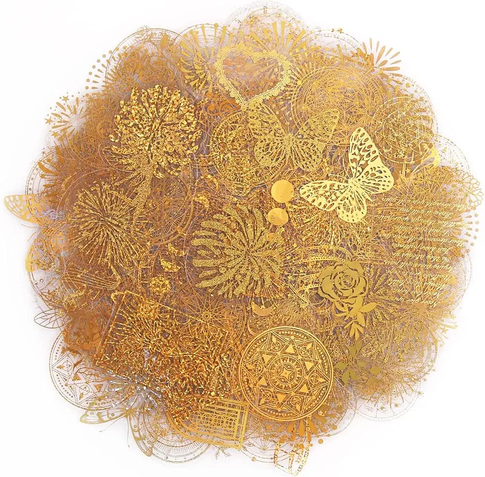 Dizdkizd Die Cut Golden Holographic Stickers, 360-Piece Glitter Translucent Decorative Decals PET Self-Adhesive Scrapbooking Supplies Set for Craft Projects Photo Album Laptop Resin Art