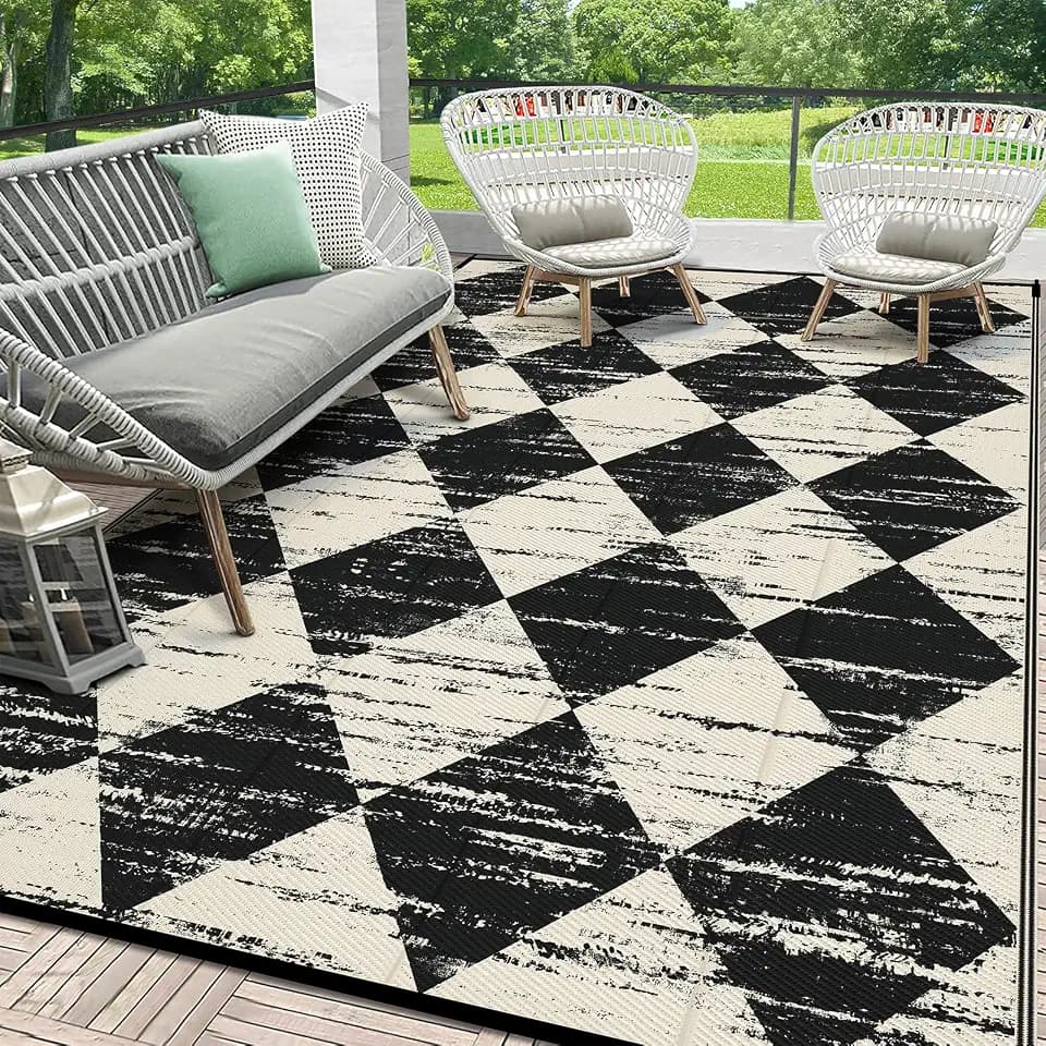 HEBE Outdoor Rug Waterproof 5'x8', Checkered Reversible Plastic Patio Rug
