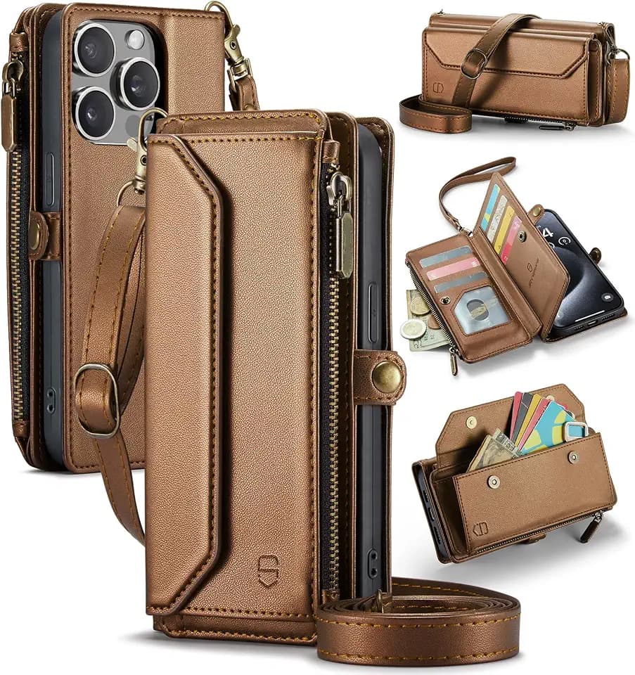 Strapurs for iPhone 15 Pro Max - Zipper Strap Wallet Case for Women, Brown