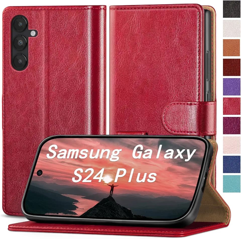 RingPi für Samsung Galaxy S24 Plus Handy Hülle PU Leder[RFID Schutz] Handyhülle Lederhülle Klapphülle Kartenfach Stoßfeste Schutzhülle Leather Flip Cover für Samung S24Plus Wallet Phone Case,Rot