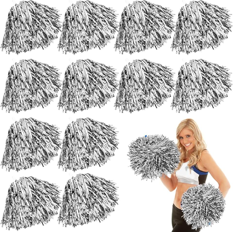 12 Stück Cheerleader Pompons: Pom Poms Cheerleading mit Griffen Pom, Schön Pompons Cheerleader Hand Blumen-Bänder, Metallic Pompoms Cheerleading für für Sportwettbewerb Tanzen Cheers Erwachsene Kinder