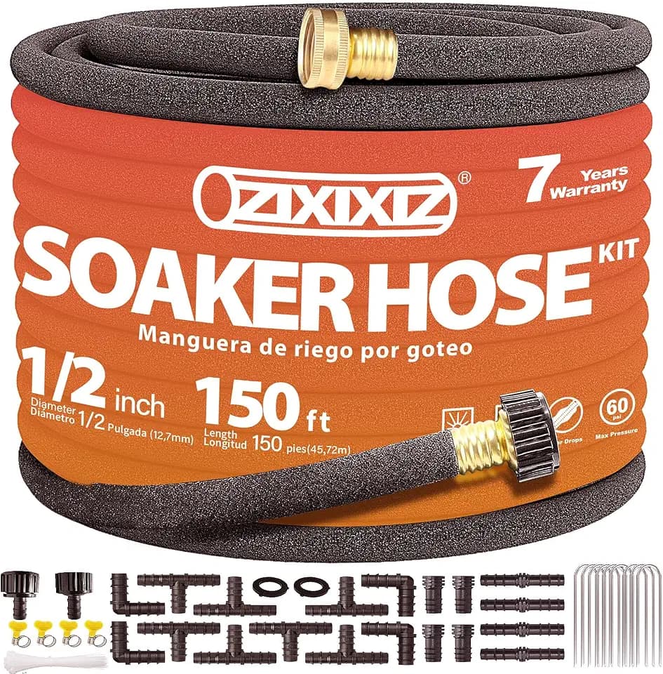 150FT 1/2-Inch Soaker Hose, Flexible with Solid Brass Connector, Leak-Resistant Watering System for Gardens & Vegetable Beds