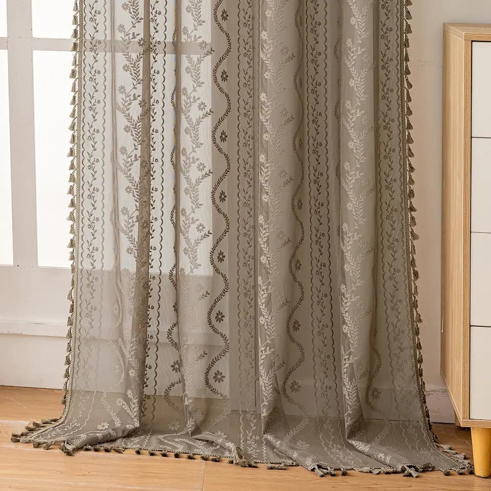 WAZZIO Boho Sheer Curtains 2 Panels,Victorian Lace Drapes,Taupe,W52 x L84