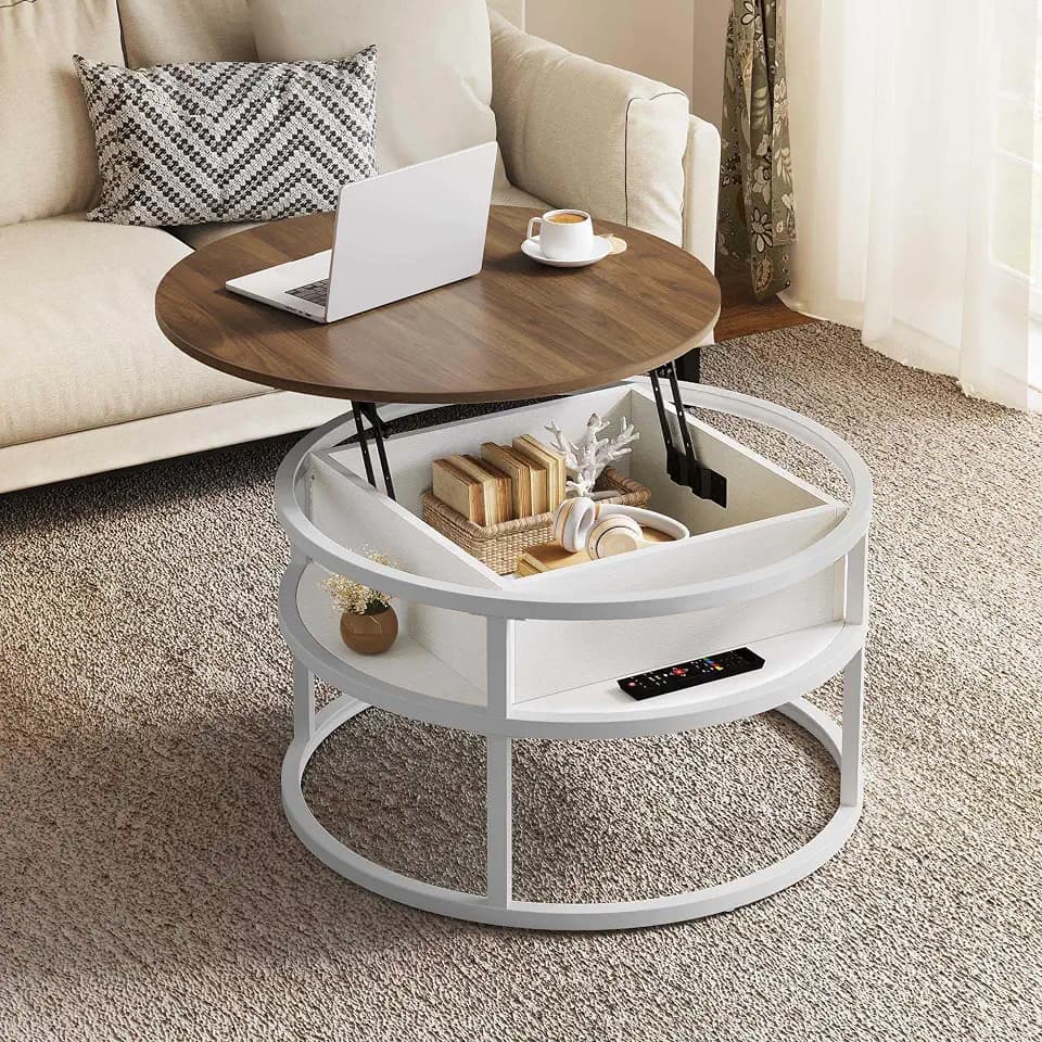 YITAHOME Couchtisch Rund mit Hebeplatte, Wohnzimmertisch mit verstecktem Ablagefach, Beistelltisch Rund mit Stauraum für Home Office, Runder Mitteltische Wohnzimmer, Weiße Eiche