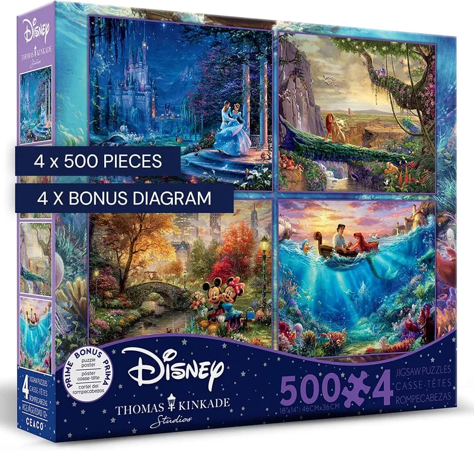 Ceaco - 4 in 1 Multipack - Thomas Kinkade - Disney Dreams Collection - Cinderella, The Lion King, Mickey and Minnie, & The Little Mermaid - (4) 500 Piece Jigsaw Puzzles , Blue