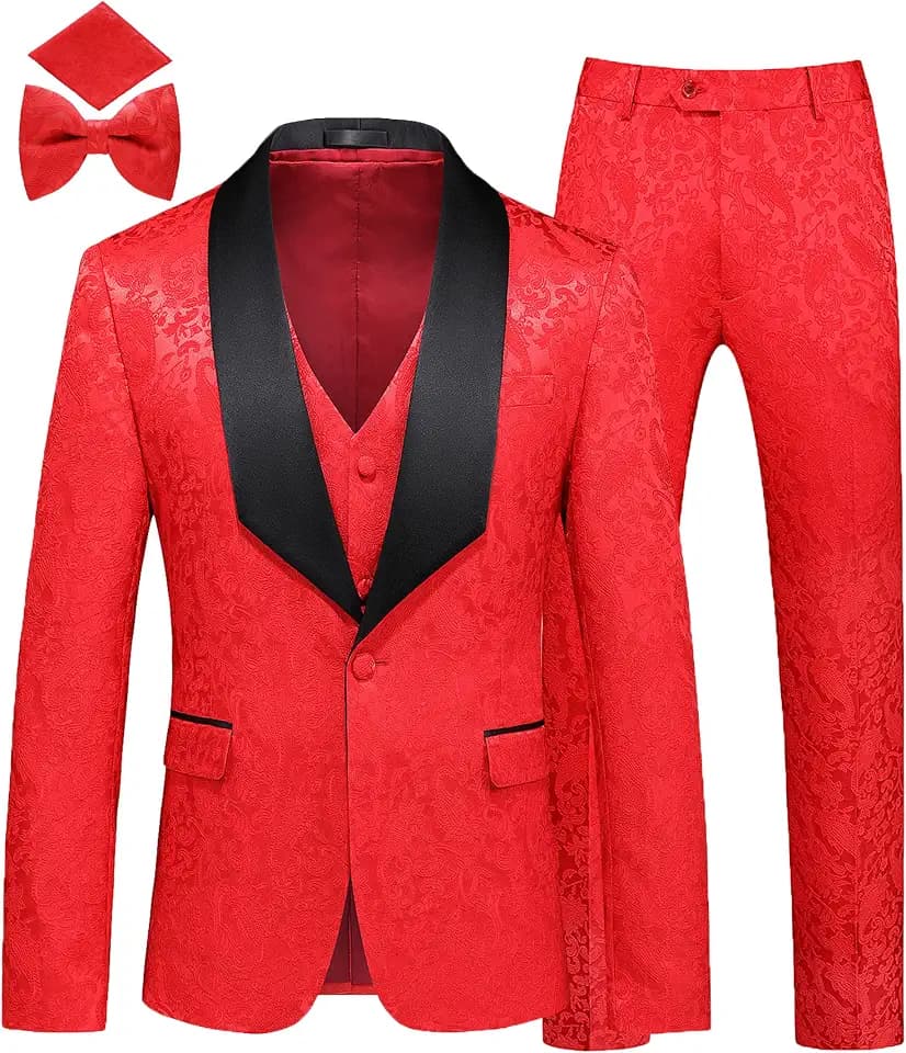 MOGU Mens 3 Piece Tuxedo Slim Fit Jacquard Floral Vintage Groomsmen Wedding Prom Suit