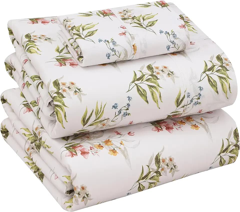 RUVANTI 100% Cotton Twin XL Sheets, Percale Weave Twin XL Set, Floral Bliss