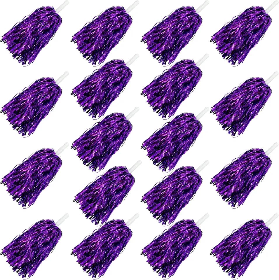 18PCS Purple Cheerleading Pom Poms Metallic Foil Plastic Pom Poms with Baton Handle for Game Sports Squads Dancing Party Football Basketball Club Spirit Sports Stage Performance Celebration