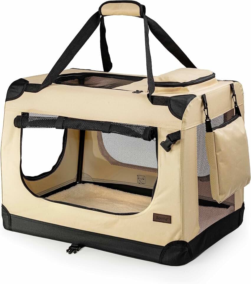 lionto Hundetransportbox, Faltbar, für Reise & Auto, 90x61x65 cm, Beige | Stabile Hundebox aus Stoff mit Netzfenstern, Tragegriffen, weicher Decke & Taschen, für Katzen & Hunde bis 22 kg geeignet
