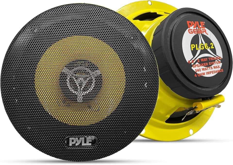 Pyle Car Two Way Speaker System - Pro 6.5 Inch 240 Watt 4 Ohm Mid Tweeter-Audio Sound Speakers For Car Stereo w/ 30 Oz Magnet Structure, 2.25” Mount Depth Fits Standard OEM -PLG6.2 (Pair) Yellow