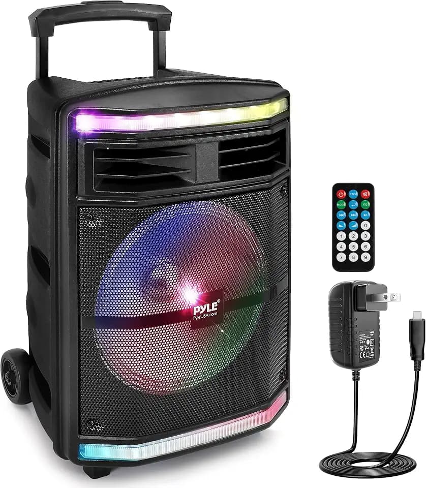 Pyle Portable Bluetooth Speakers with 10 Inch Subwoofer, Wireless Speaker with FM Radio, Karaoke System & Rechargeable Battery, Flashing Party Lights, MP3/USB/Micro SD Readers for Indoor Outdoor Use