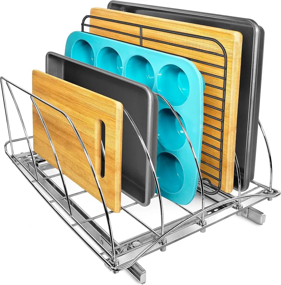 LYNK PROFESSIONAL® Pull Out Cookie Sheet Organizer for Cabinet – Baking Sheet Organizer – Sheet Pan Organizer - Lifetime Ltd. Warranty – 14” x 21” Deep Inside Cabinet, Chrome