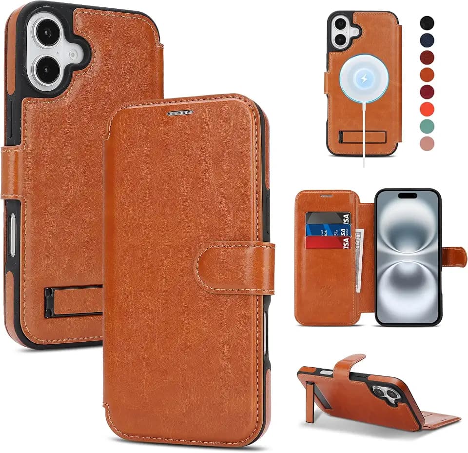 for iPhone 17 Wallet Case with Stand,PU Leather Flip Credit Card Holder Slots (RFID Blocking),Compatible with Magsafe Magnetic Holder Phone Cover Women Men,Brown
