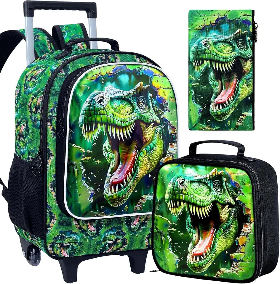 3PCS Dinosaur Rolling Backpack for Boys, Roller School Backpack with Wheels, Kids Wheeled Bookbag for Elementary Preschool Kindergarten(Green)