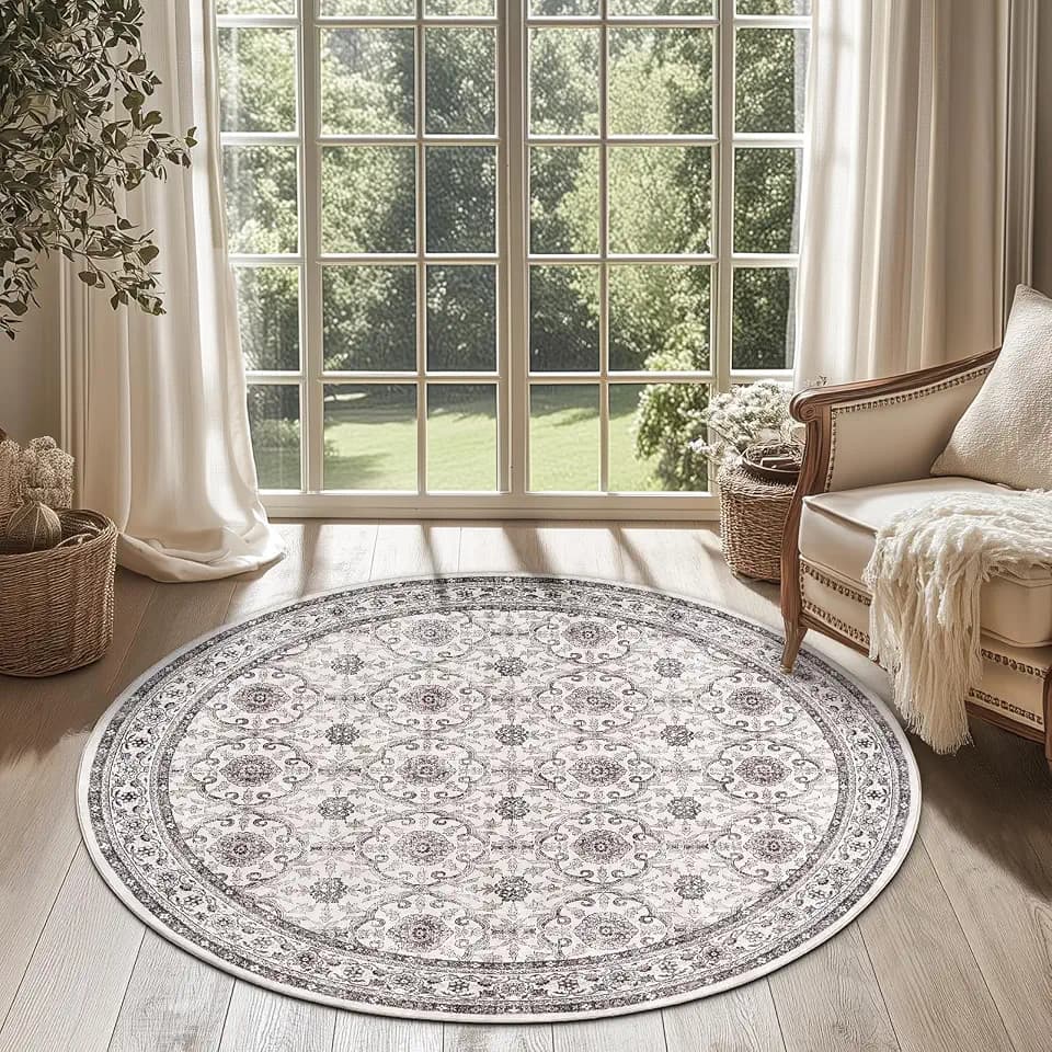 jinchan 4ft Vintage Floral Round Rug, Circle Washable Rug, Beige
