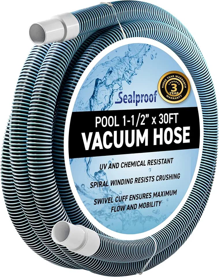 Swimming Pool Vacuum Hose 1-1/2" x 30-Ft, Swivel Cuff Kinkproof Design, Made in USA, Connects to Vacuum Head, Skimmer, Filter Pump for Cleaning In Ground and Above Ground Pools, 3 Year Warranty